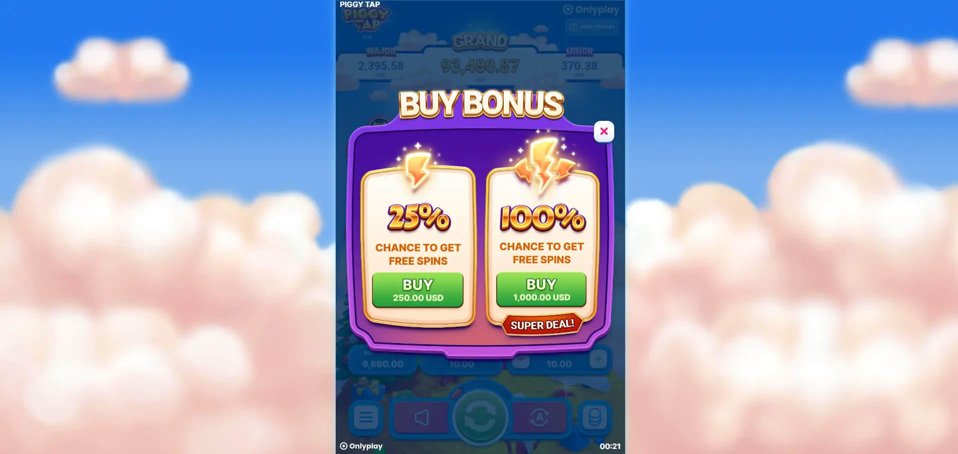 Piggy Tap buy bonus feature screen allowing players to purchase a bonus round.