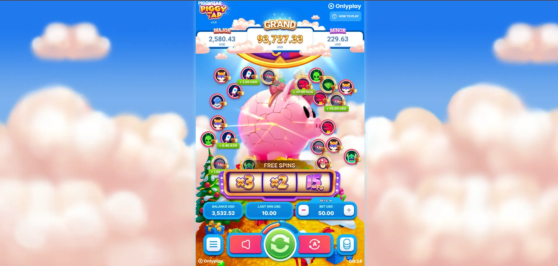 Piggy Tap free spins feature screen showing multiple free tap rounds.