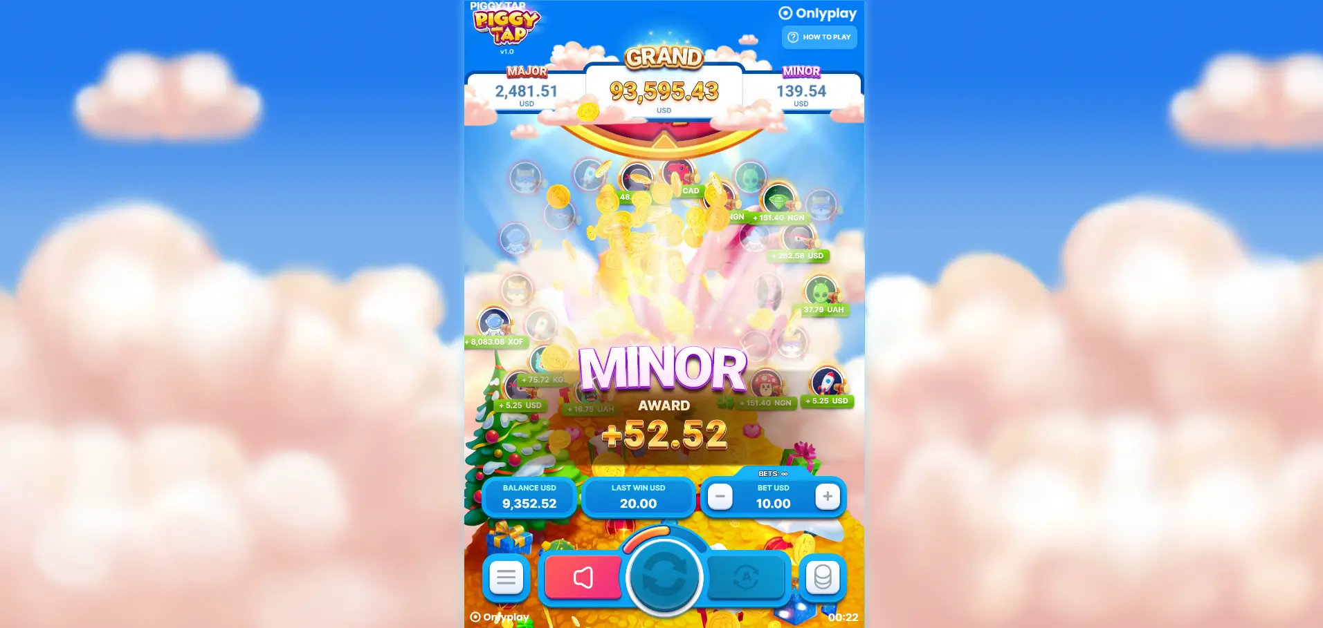 Piggy Tap minor award screen showing a winning payout animation.